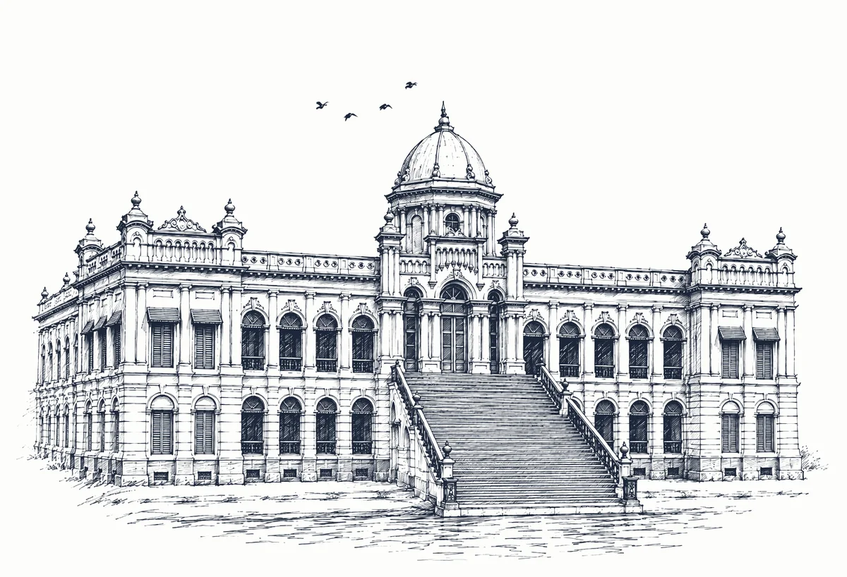 Pen-and-ink drawing of Ahsan Manzil on the Buriganga, Dhaka