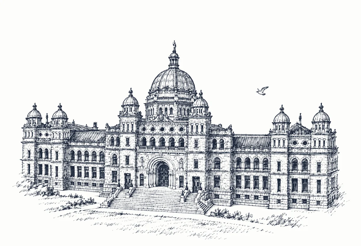 Pen-and-ink drawing of the British Columbia Parliament Buildings, Victoria