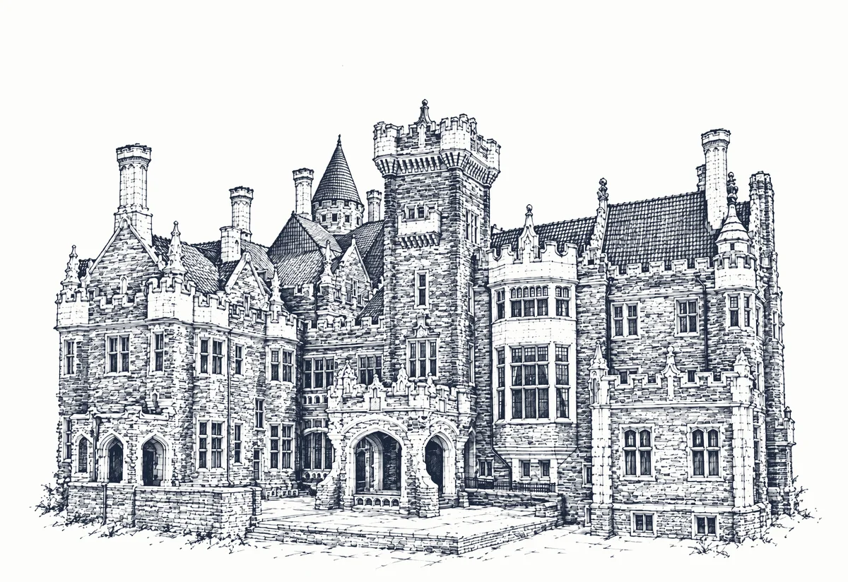 Pen-and-ink drawing of Casa Loma, Toronto