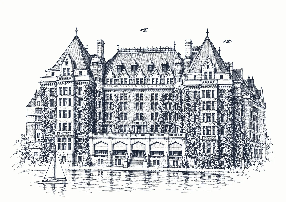Pen-and-ink drawing of the Empress hotel on Victoria's Inner Harbour