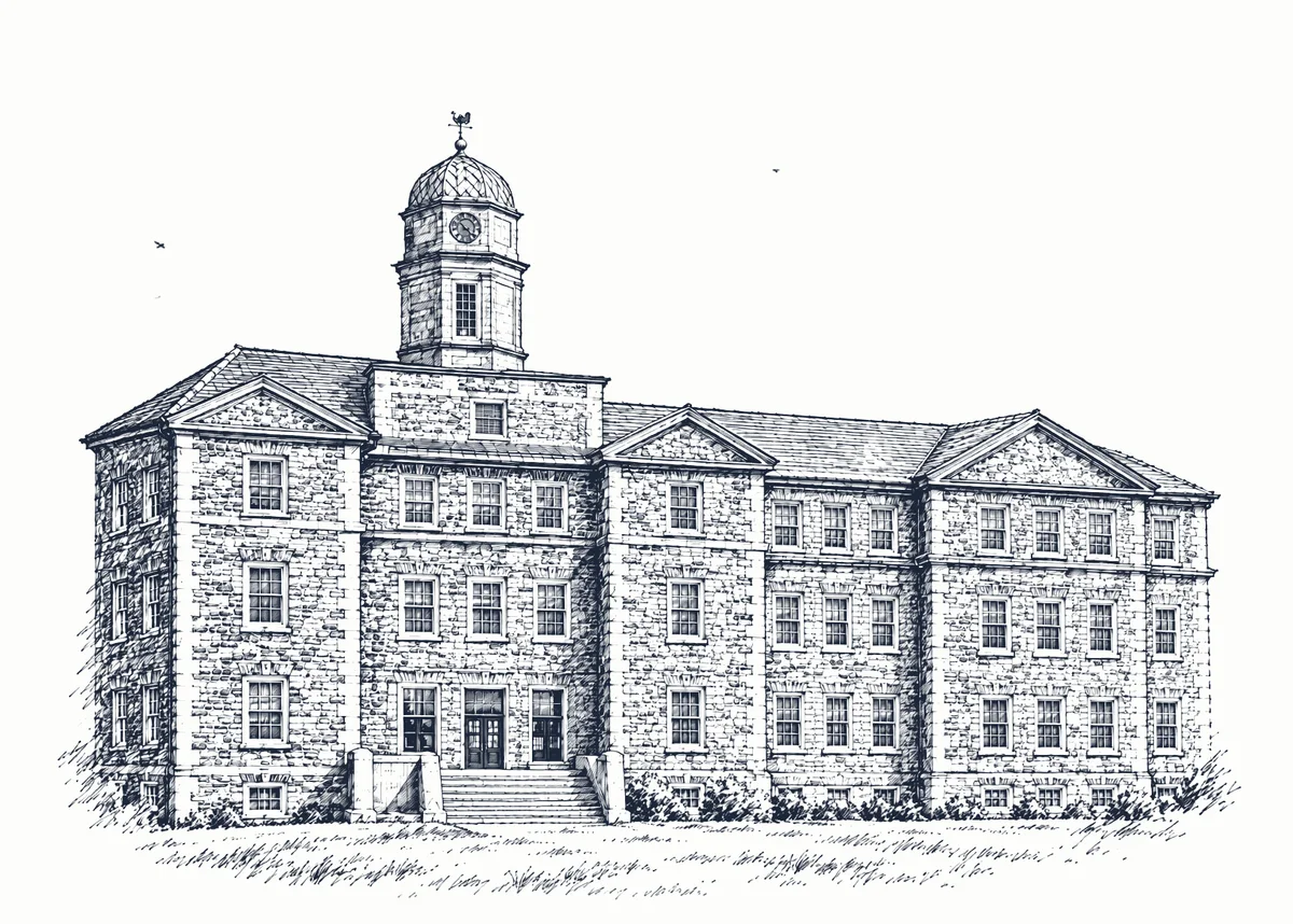Pen-and-ink drawing of the Henry Hicks Building, Dalhousie University